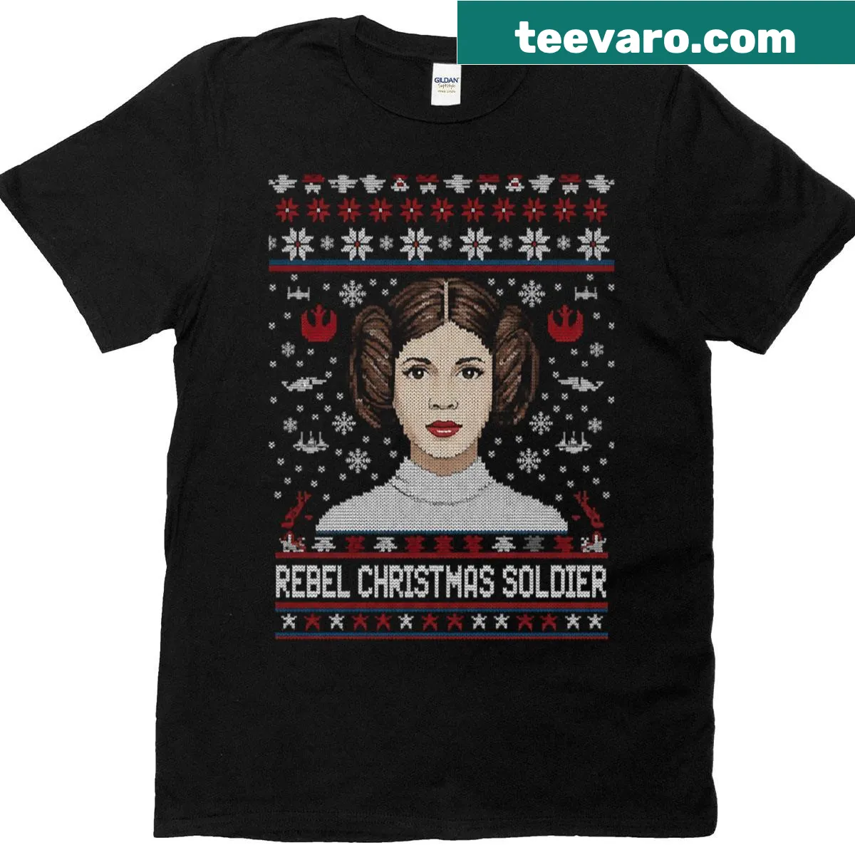 Star Wars Christmas t-shirt featuring Leia in festive design — on a men's t-shirt