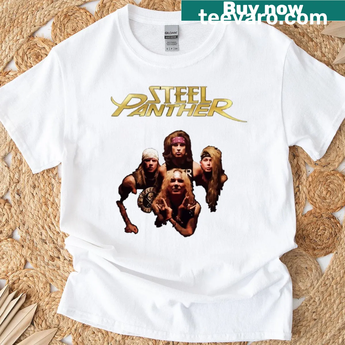 Steel Panther concert tour graphic T-shirt — on a men's t-shirt