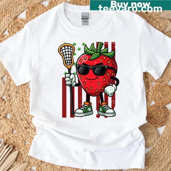 Funny t-shirt featuring a strawberry playing lacrosse with sunglasses