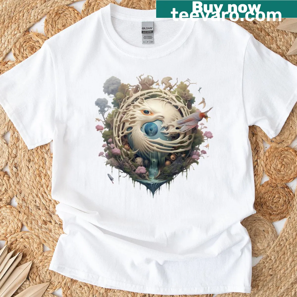 Surreal dreamlike creatures illustrated on a fantasy-themed T-shirt — on a men's t-shirt