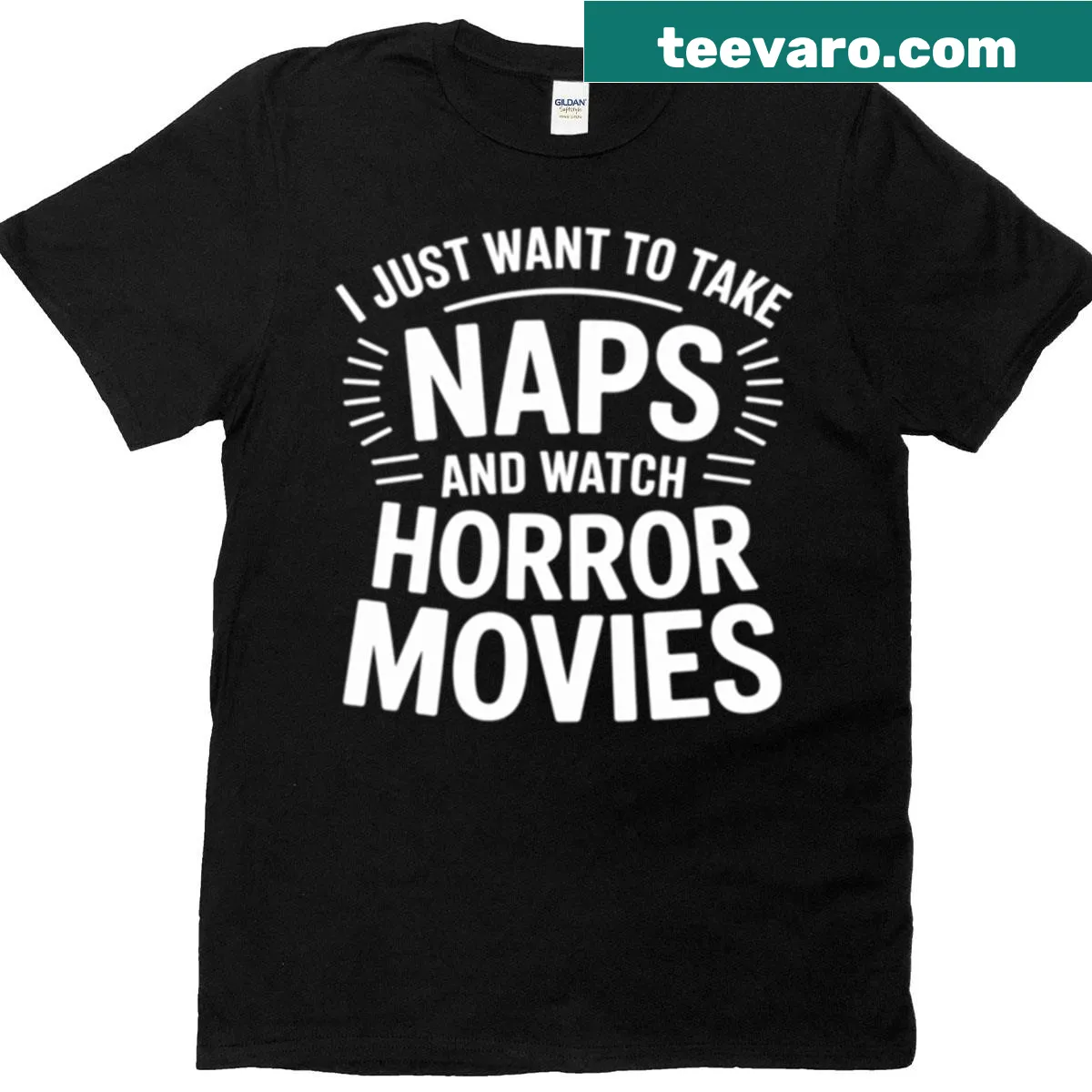 Text t-shirt with the phrase 'Take Naps And Watch Horror Movies' — on a men's t-shirt