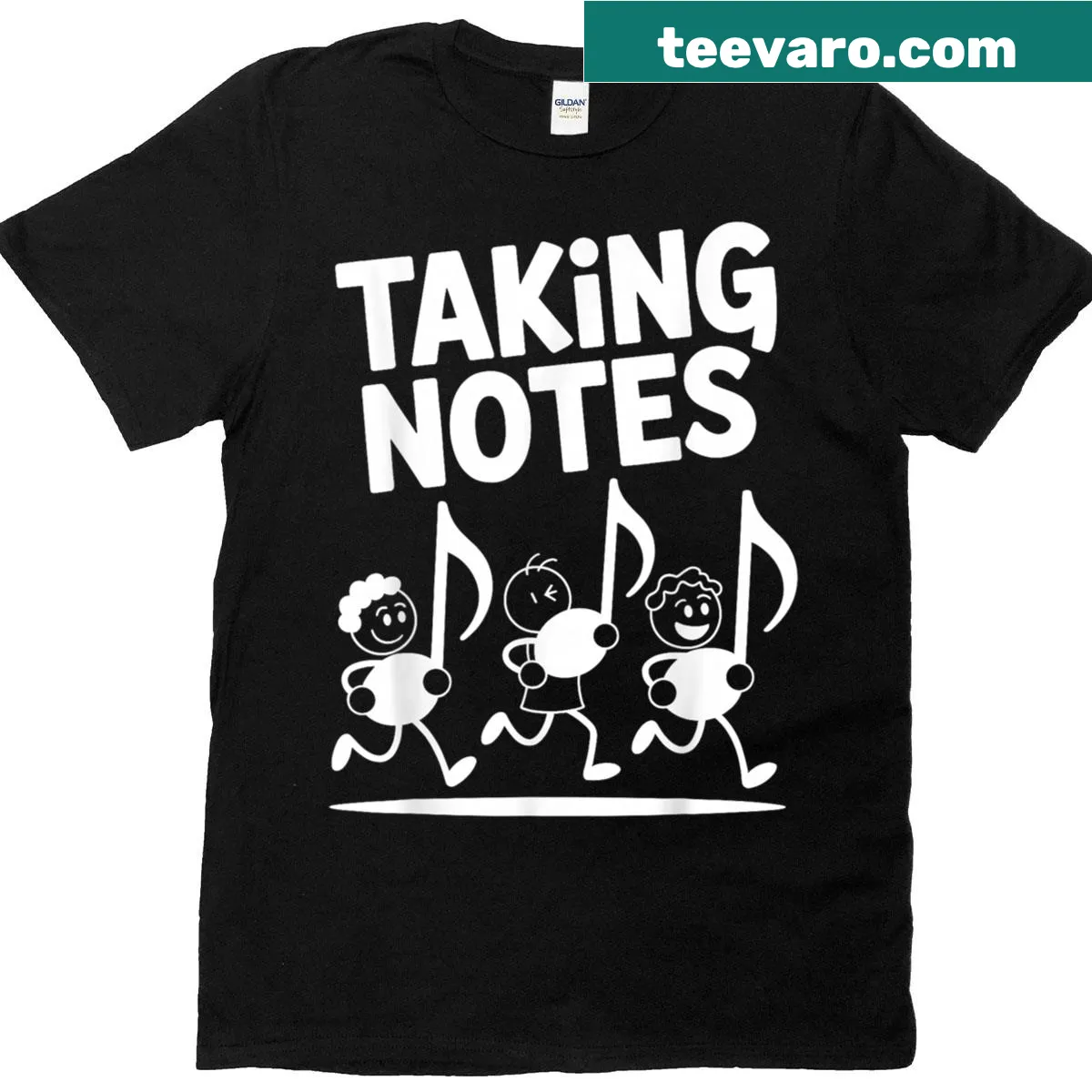 Cartoon musician graphic t-shirt with 'Taking Notes' pun text — on a men's t-shirt
