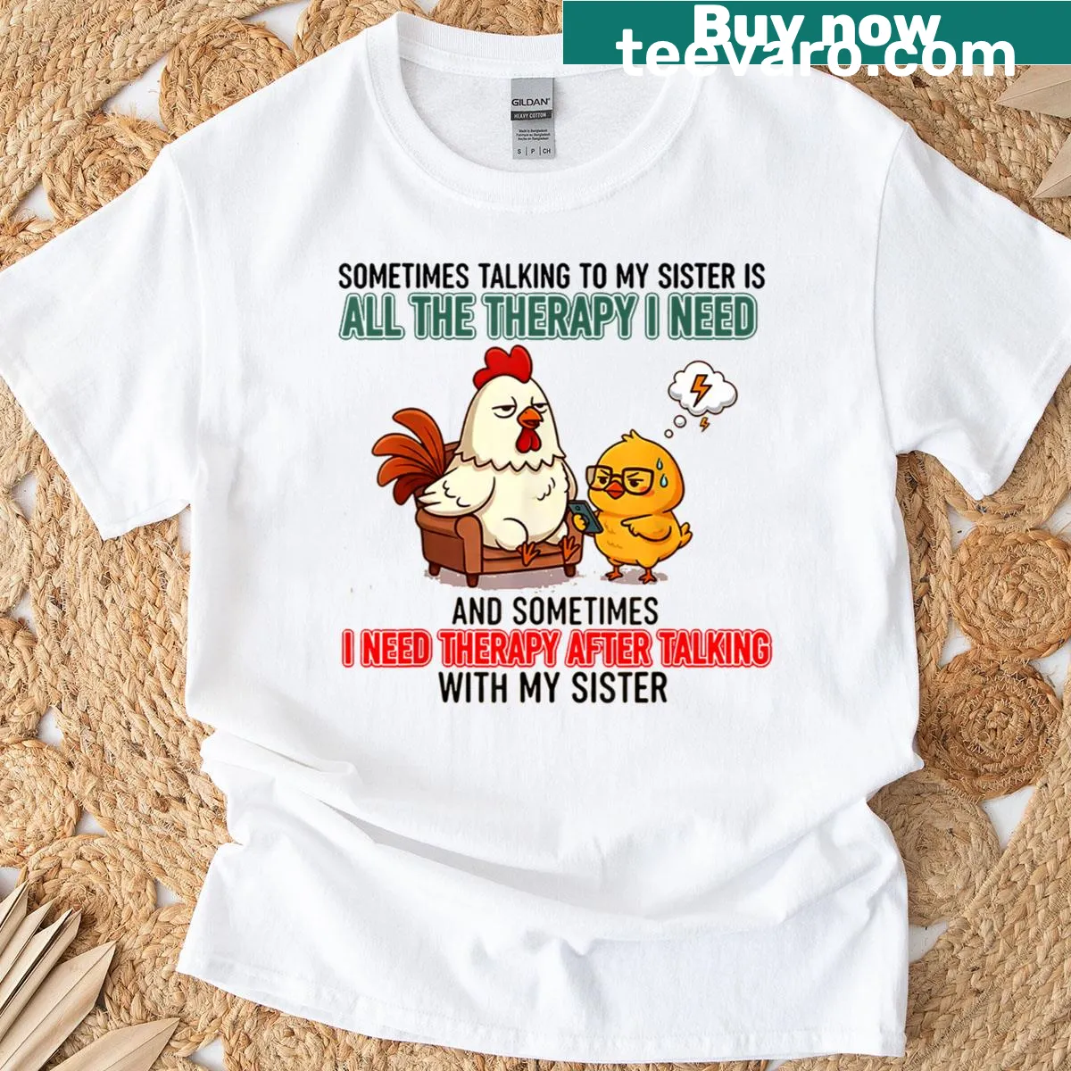 Funny sister t-shirt with text stating therapy from sister is needed — on a men's t-shirt