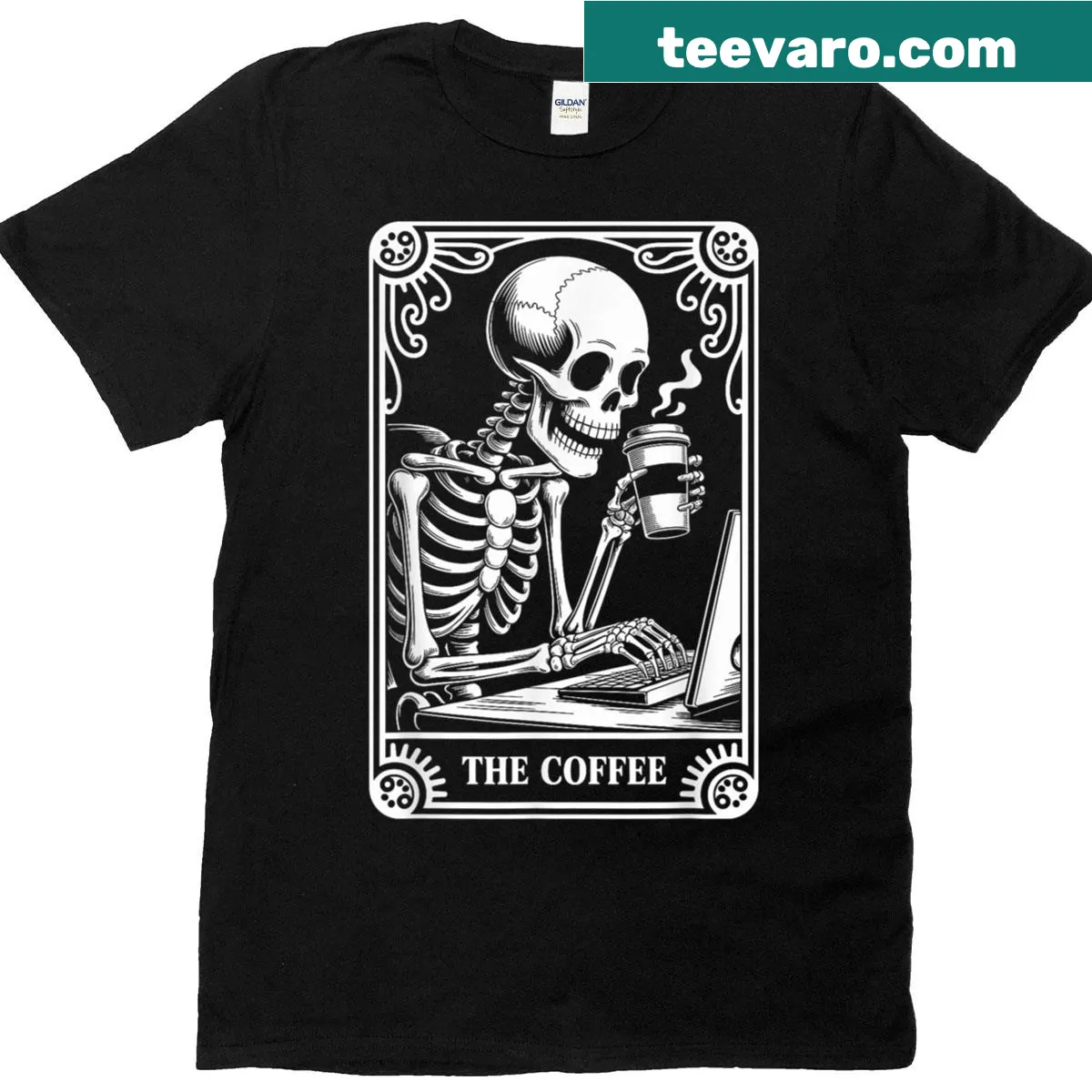 Tarot card illustrations for coffee lovers in an office setting — on a men's t-shirt
