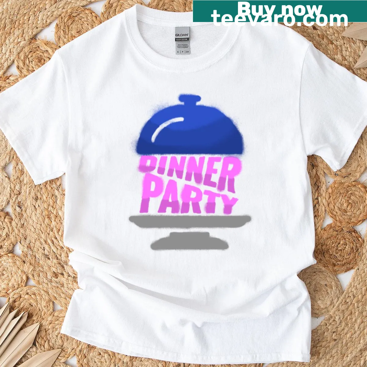 Trendy T-shirt featuring a fun dinner party spray paint design. — on a men's t-shirt