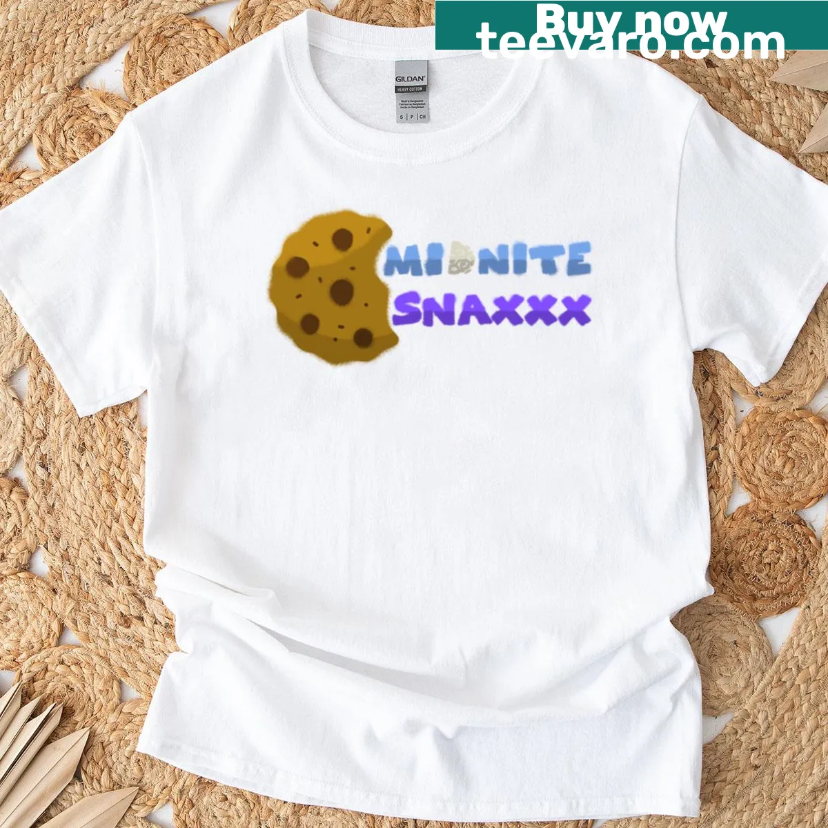 Playful graphic of snacks with Team Midnite Snaxxx text on a T-shirt. — on a men's t-shirt