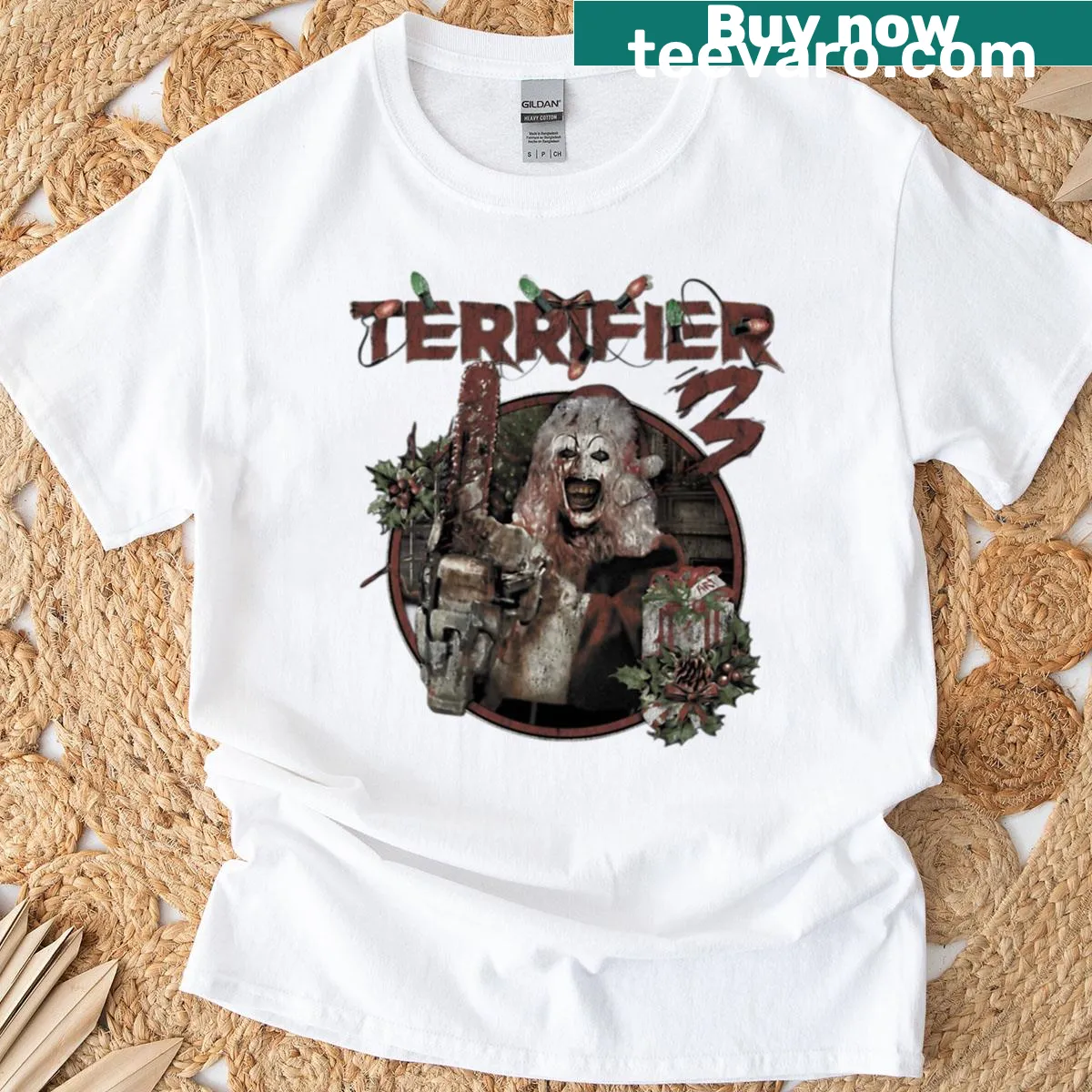 Terrifier 3 T-shirt featuring horror-themed graphic design. — on a men's t-shirt