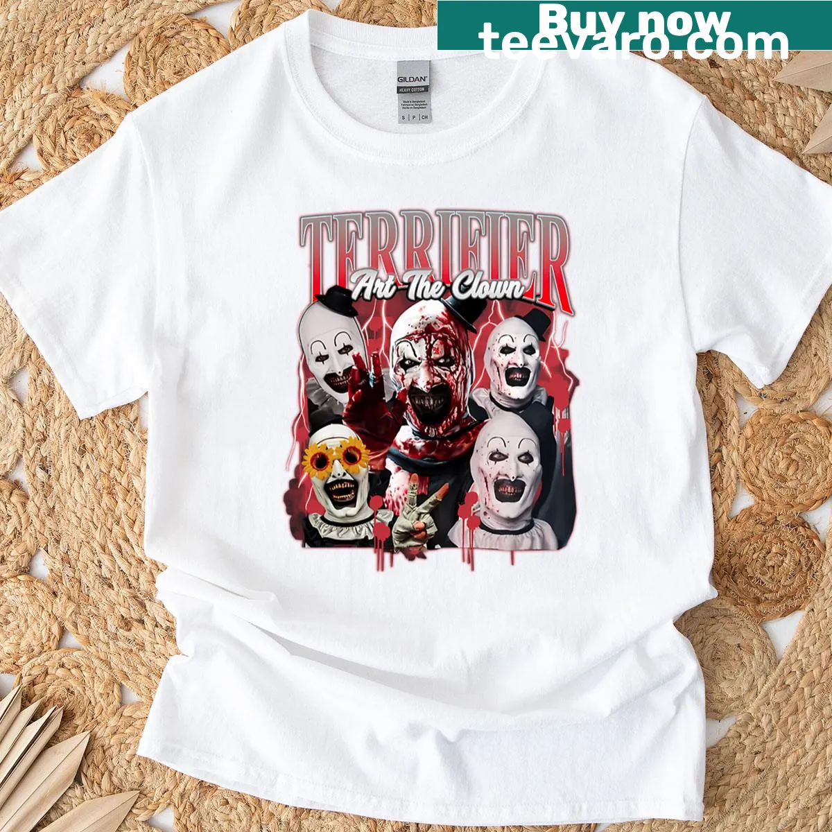 T-shirt featuring a menacing clown illustration from horror art — on a men's t-shirt