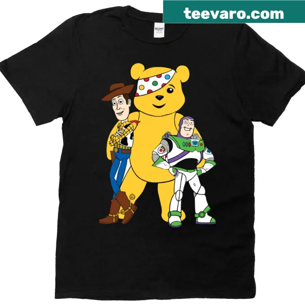 Pudsey Bear with Woody and Buzz illustrated on T-shirt