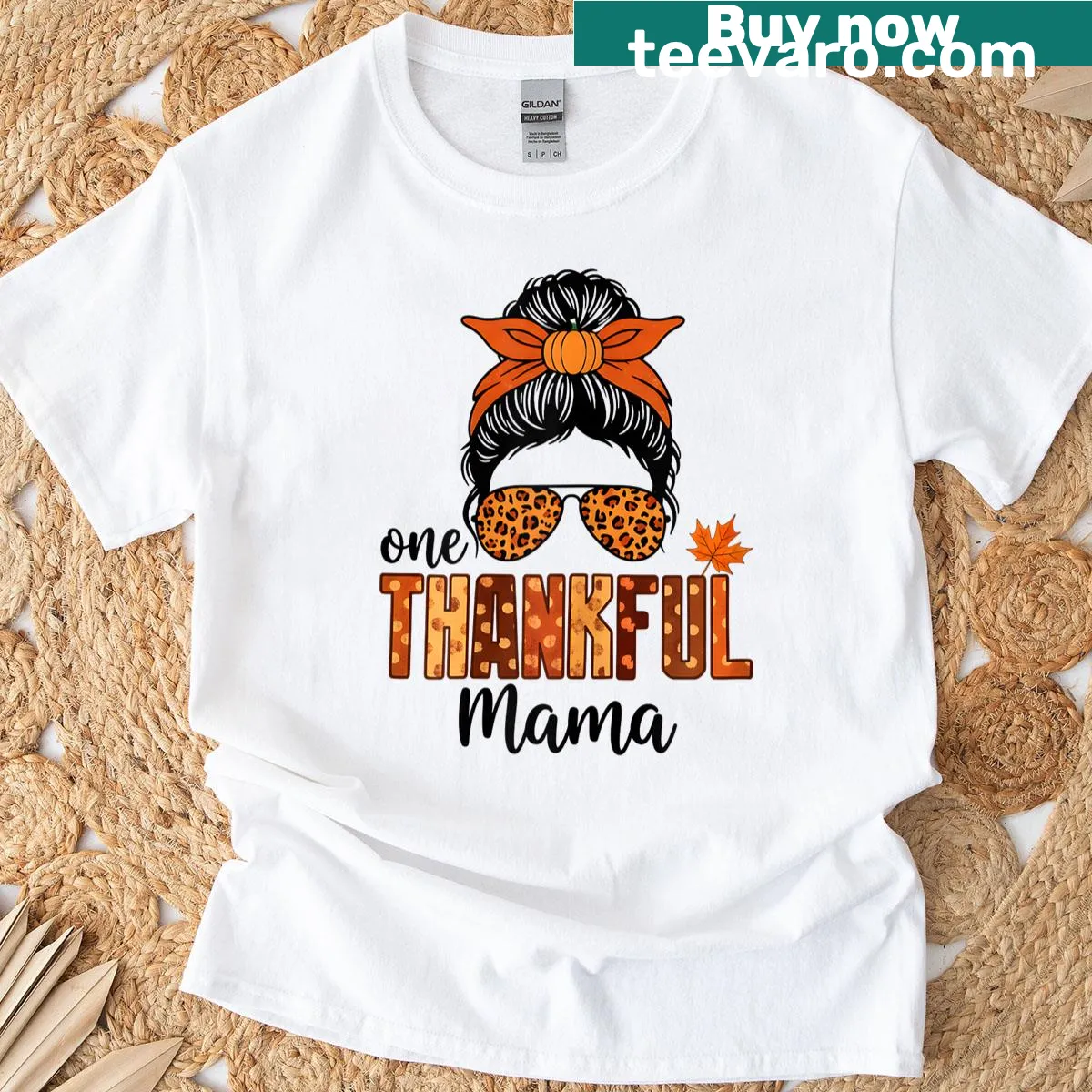 Thankful Mama T-shirt with fall pumpkin and leopard print design — on a men's t-shirt