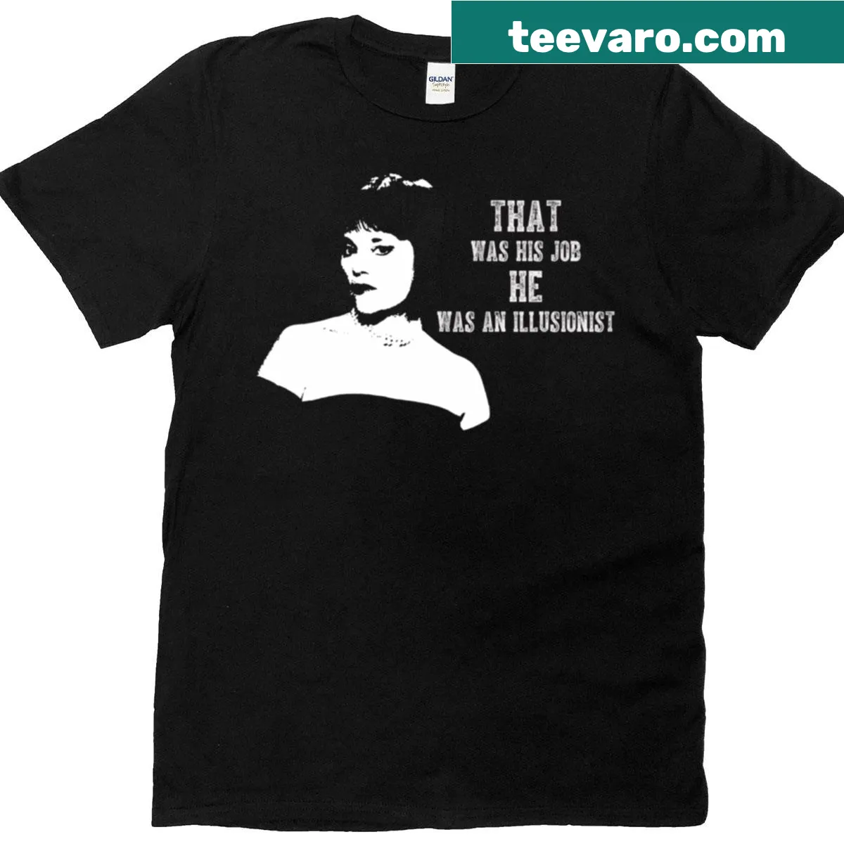 Oversized t-shirt featuring a humorous reference to an illusionist from a classic movie. — on a men's t-shirt