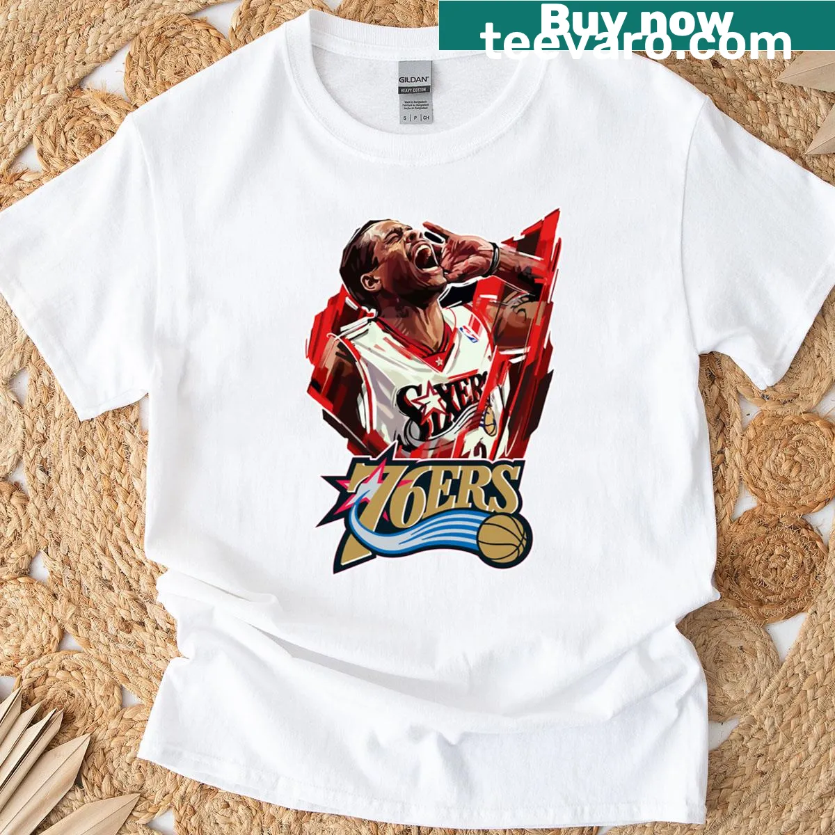 Pop art T-shirt featuring Allen Iverson and Sixers vibe graphic — on a men's t-shirt