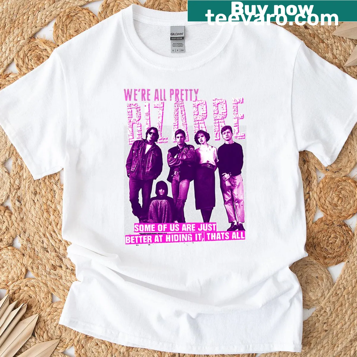 Illustration of The Breakfast Club cast on a pink poster t-shirt — on a men's t-shirt