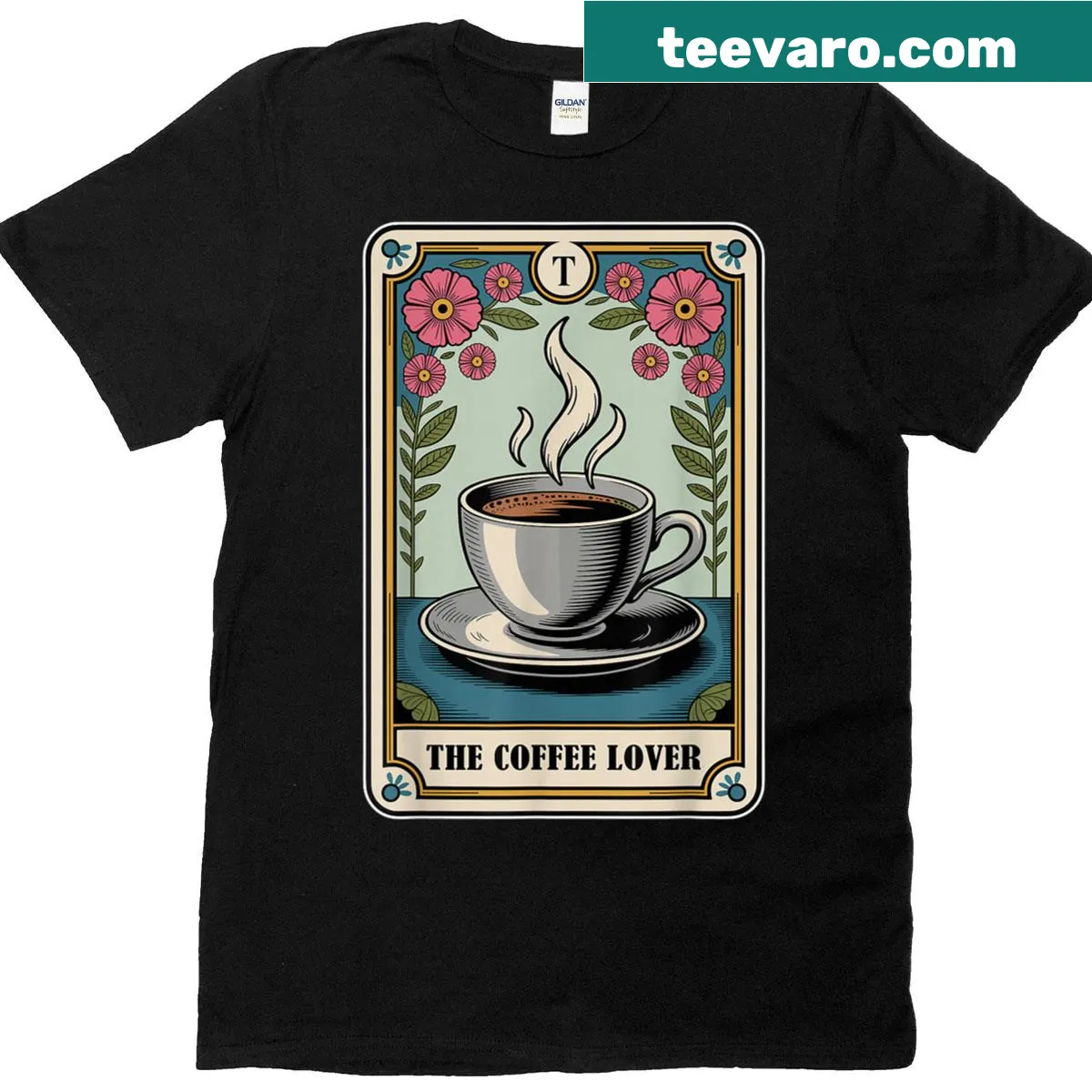 Funny tarot card graphic t-shirt for coffee lovers — on a men's t-shirt