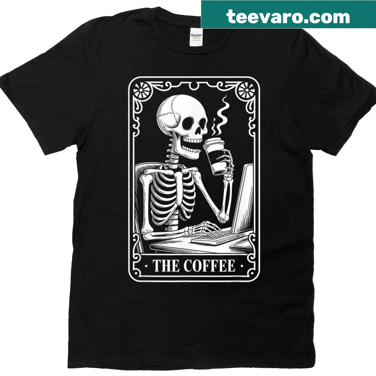 Skeleton with coffee cup tarot card graphic T-shirt — on a men's t-shirt