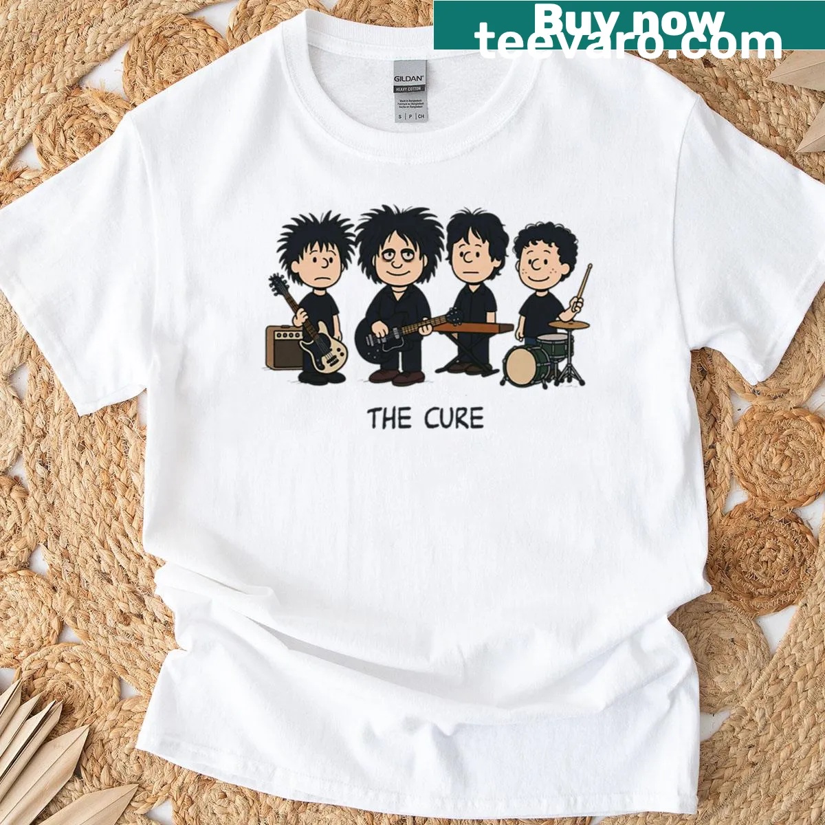 T-shirt featuring a cartoon illustration of The Cure band — on a men's t-shirt