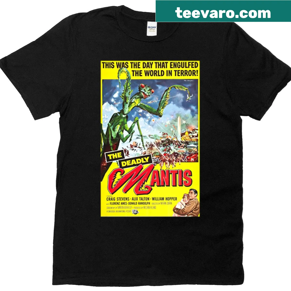 Vintage poster tee featuring The Deadly Mantis horror film — on a men's t-shirt