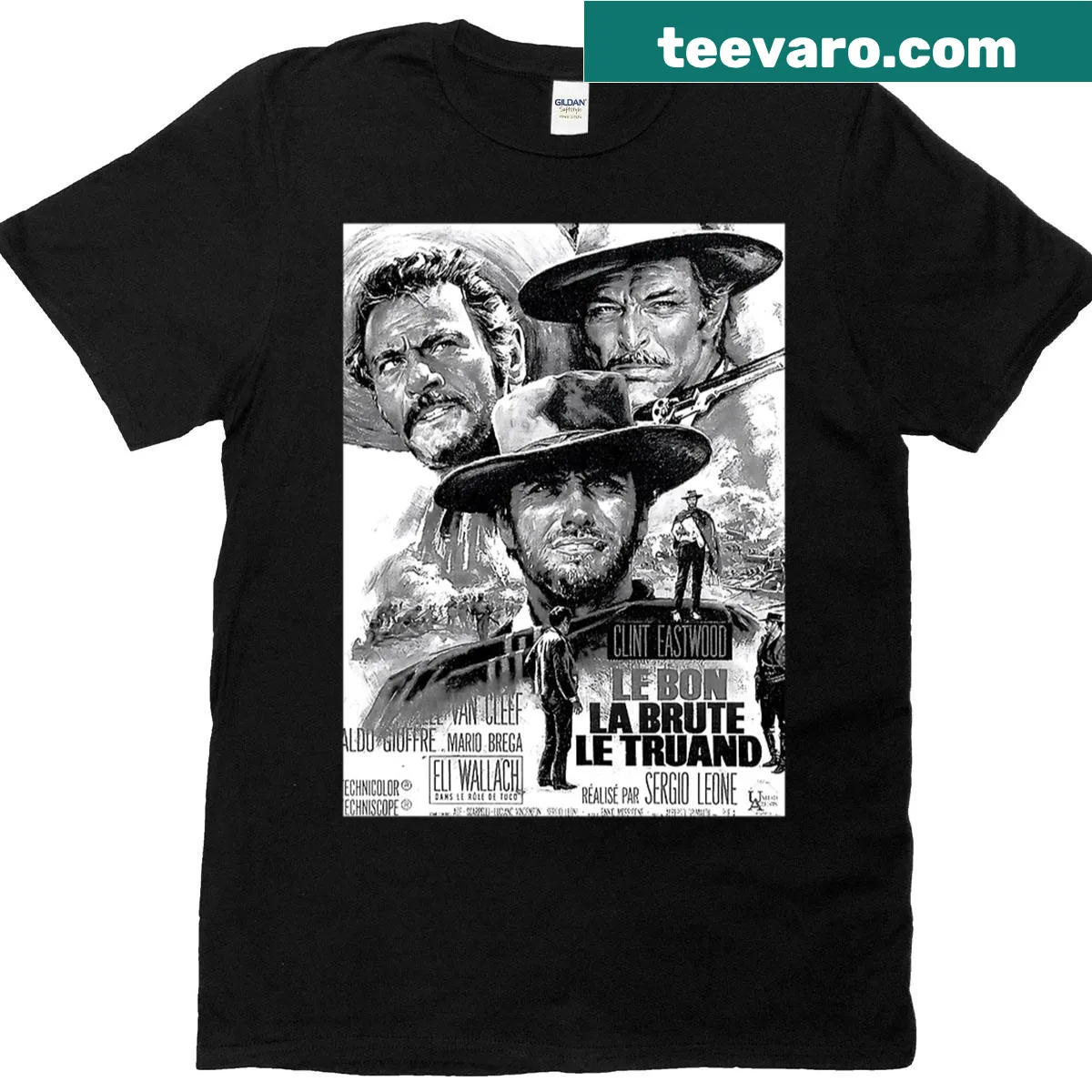 Black and white portrait graphic t-shirt inspired by The Good, The Bad and The Ugly — on a men's t-shirt