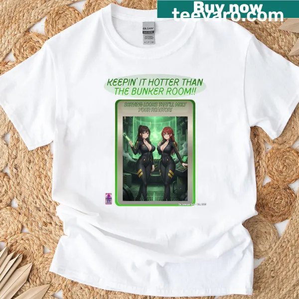 Funny cartoon graphic of 'The Johnson Girls Hotter Than The Bunker Room' on a T-shirt