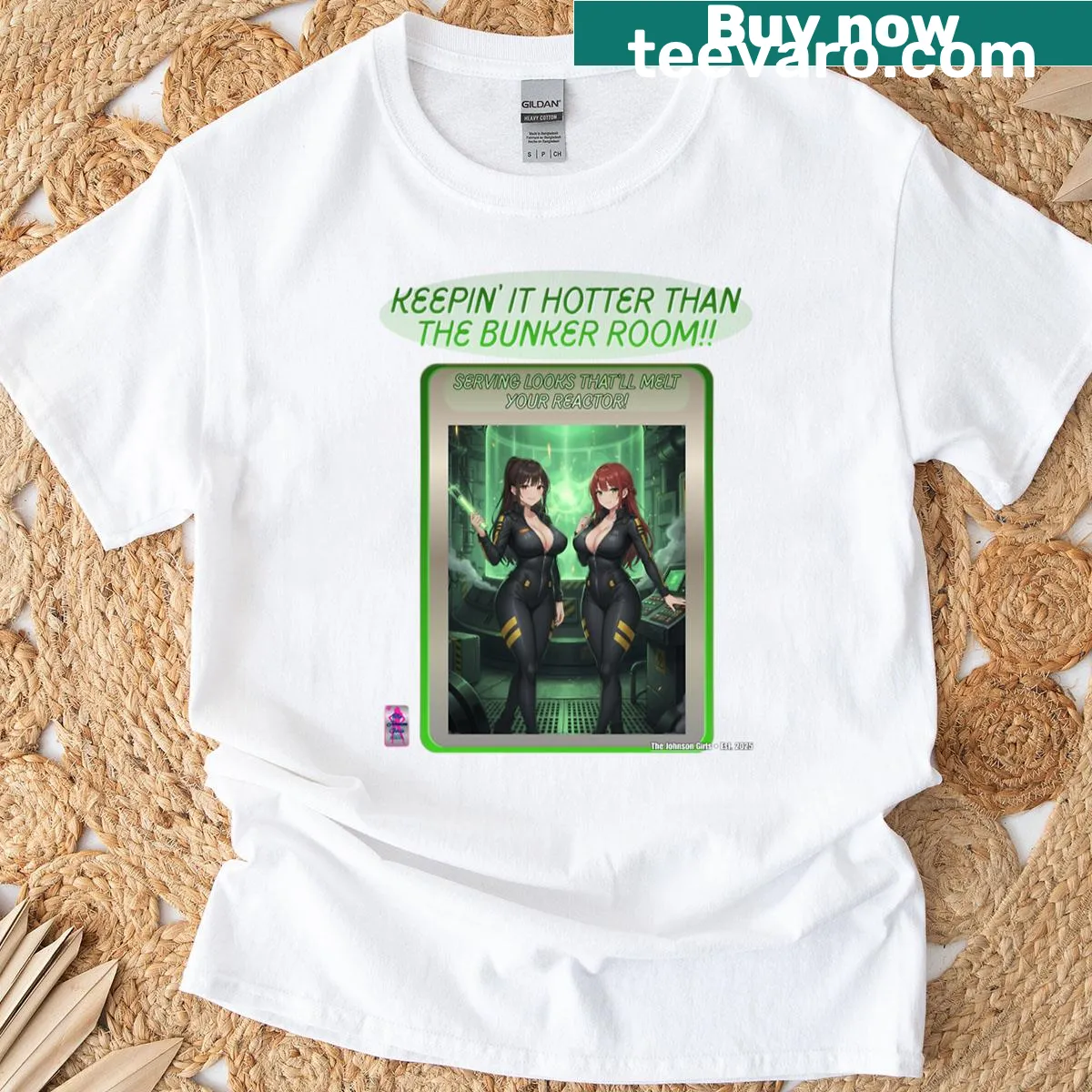 Funny cartoon graphic of 'The Johnson Girls Hotter Than The Bunker Room' on a T-shirt — on a men's t-shirt