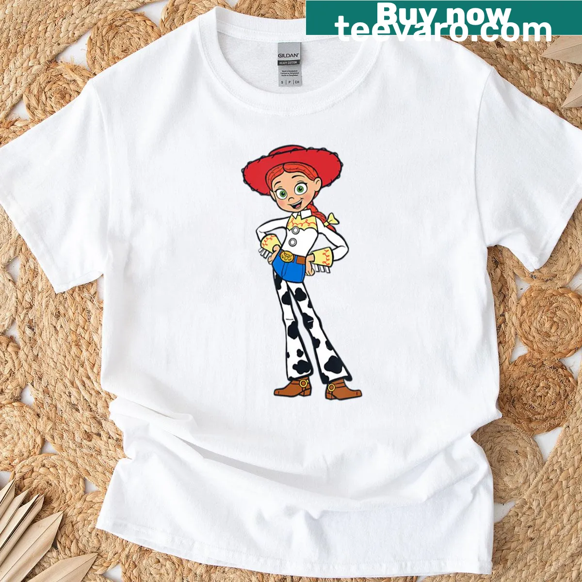 Illustrated T-shirt featuring cowgirl with Woody and Buzz from Toy Story — on a men's t-shirt