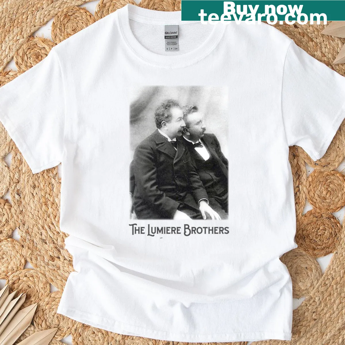 Distressed T-shirt honoring the Lumiere Brothers and early cinema — on a men's t-shirt