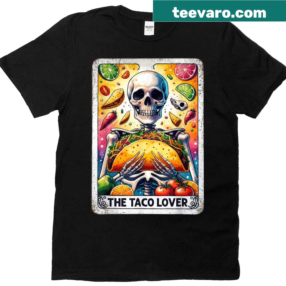 Funny vintage skeleton T-shirt holding a taco design. — on a men's t-shirt