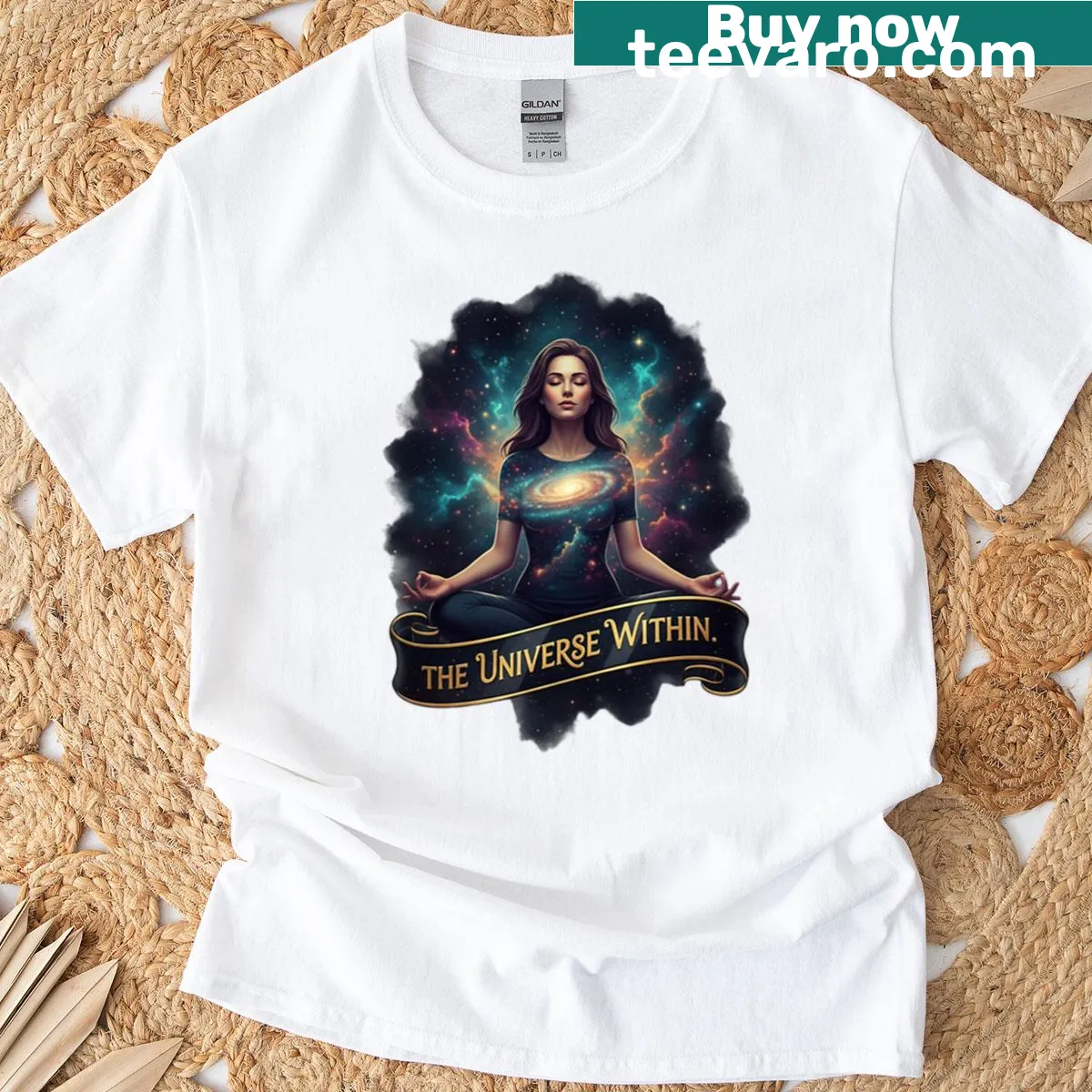 Galaxy-themed shirt promoting cosmic meditation and self-love — on a men's t-shirt