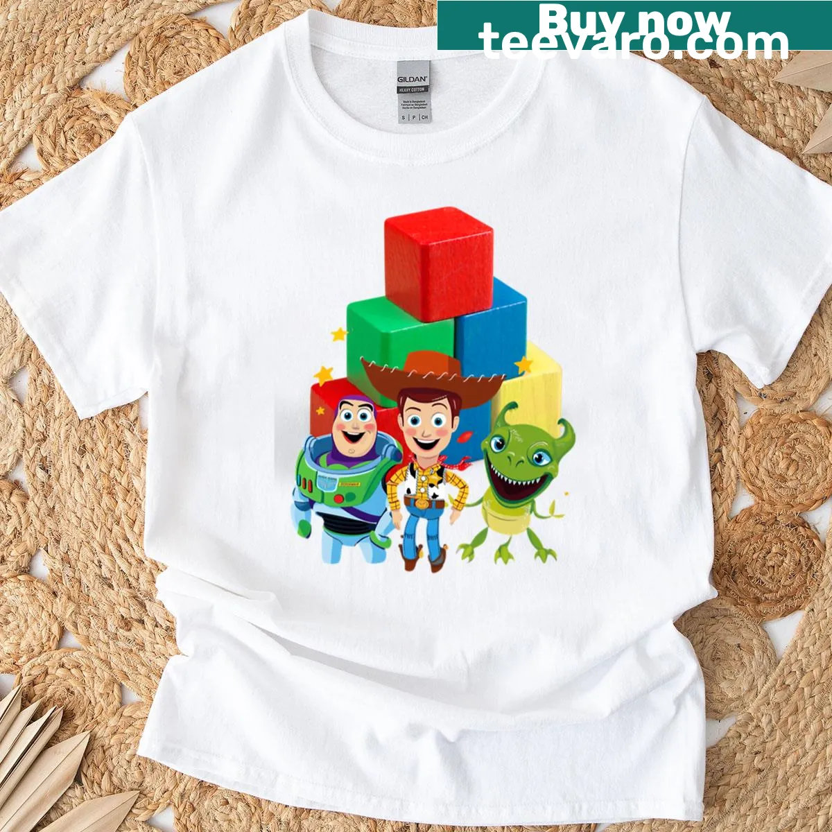 Illustration of Woody and Buzz with 'Play Laugh Repeat' text — on a men's t-shirt