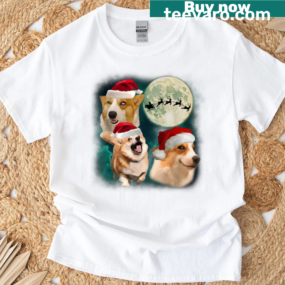 Three playful corgis under the moon for a funny Christmas design — on a men's t-shirt