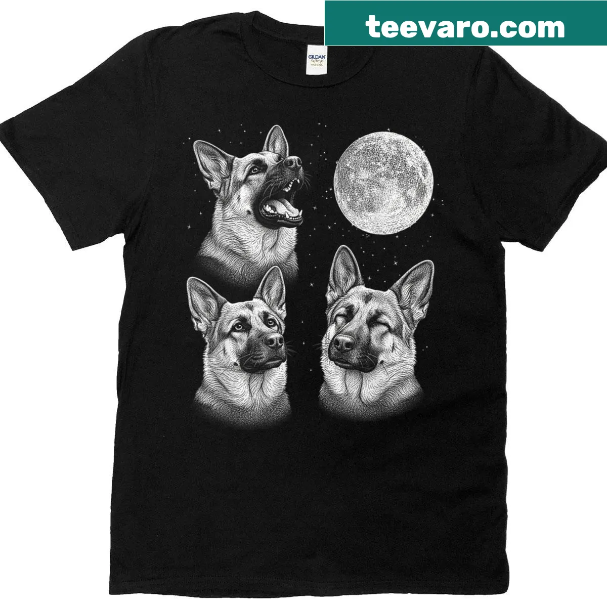 Retro graphic t-shirt with three German Shepherds howling at the moon — on a men's t-shirt
