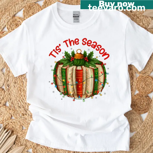 Cute T-shirt with Christmas book ornaments and festive elements