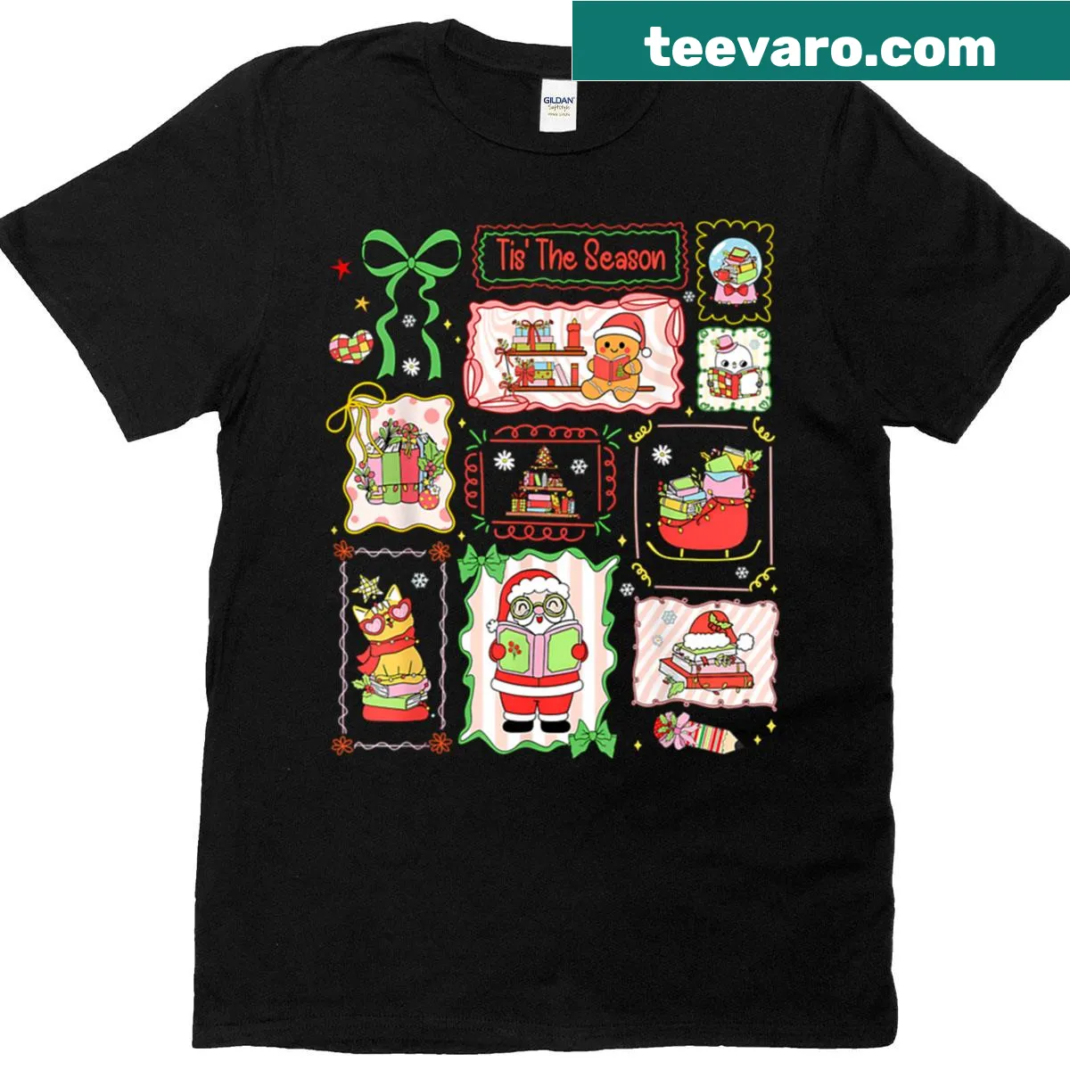 Christmas-themed T-shirt with Santa and gingerbread illustration for teachers — on a men's t-shirt