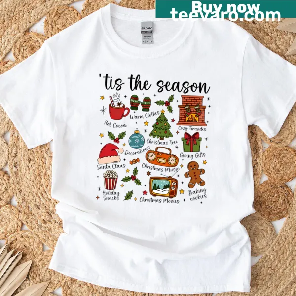 Cute Christmas T-shirt with playful holiday icon illustrations
