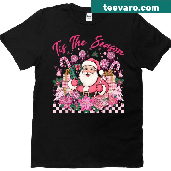 Whimsical Santa illustration on a pink Christmas-themed tee for girls