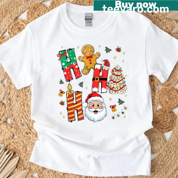 Funny Santa Claus t-shirt with tree cake and gingerbread design