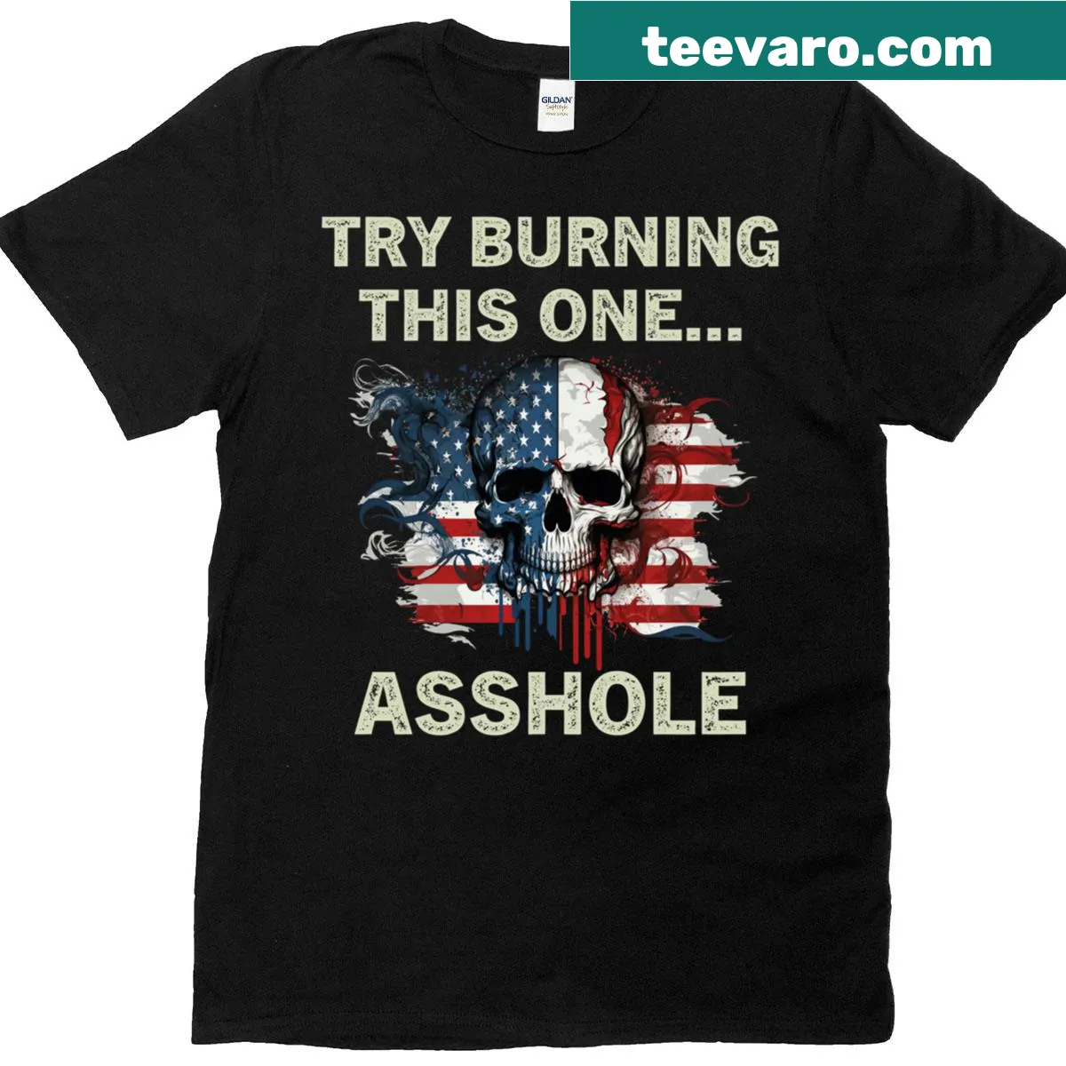 Vintage-style T-shirt with American flag skull graphic — on a men's t-shirt