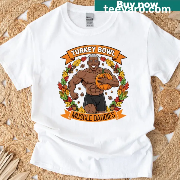 Turkey Bowl T-shirt with cartoon muscle characters in football gear