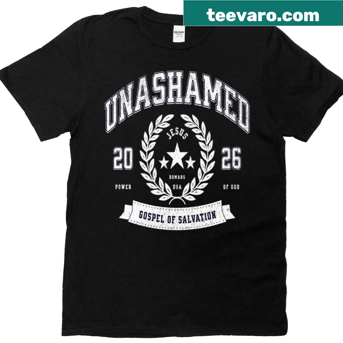 Inspirational text t-shirt with Romans 116 quote about faith — on a men's t-shirt