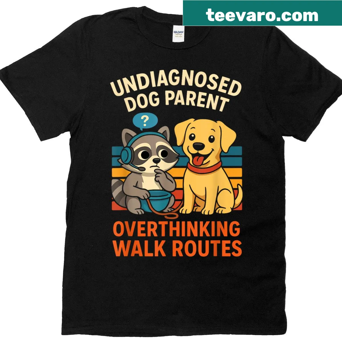 Funny dog parent shirt with humorous text about overthinking walks — on a men's t-shirt