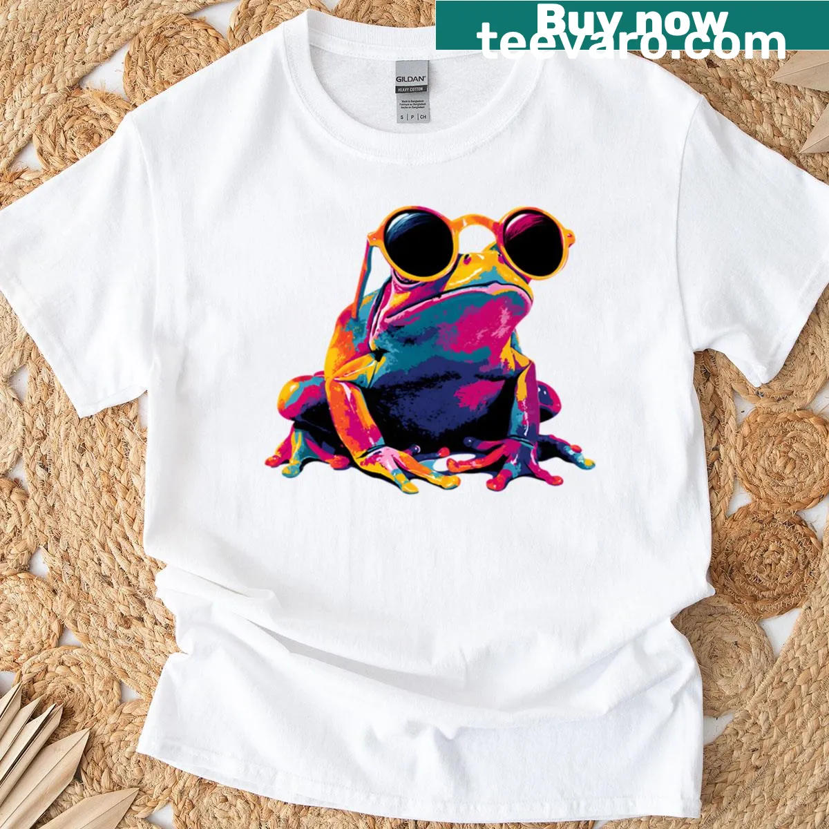 Pop art T-shirt featuring a frog in sunglasses — on a men's t-shirt
