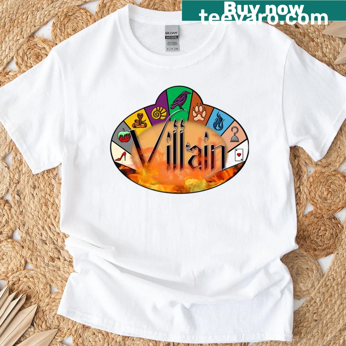 Villain inspired nametag t-shirt with playful typography — on a men's t-shirt