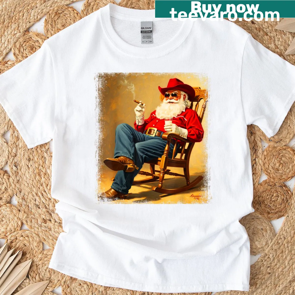 Vintage Christmas t-shirt with a cowboy Santa illustration — on a men's t-shirt