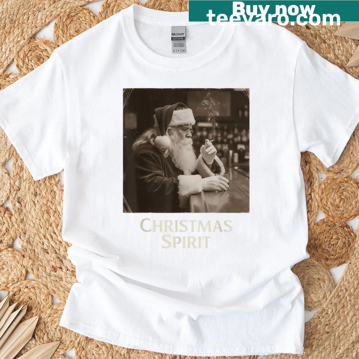 Vintage Santa Claus smoking design on a distressed Christmas shirt. — on a men's t-shirt