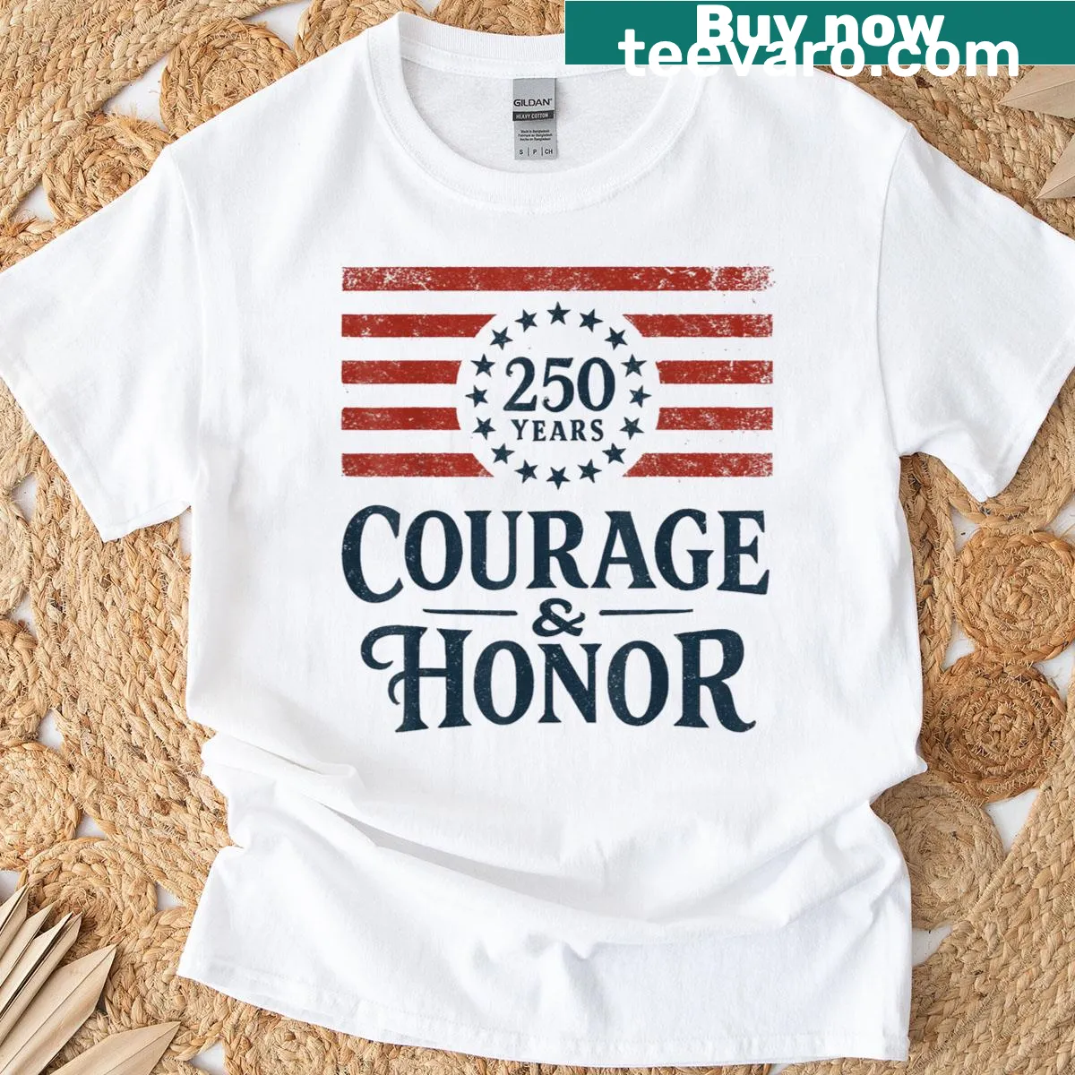 American flag T-shirt celebrating 250 years of courage and honor — on a men's t-shirt