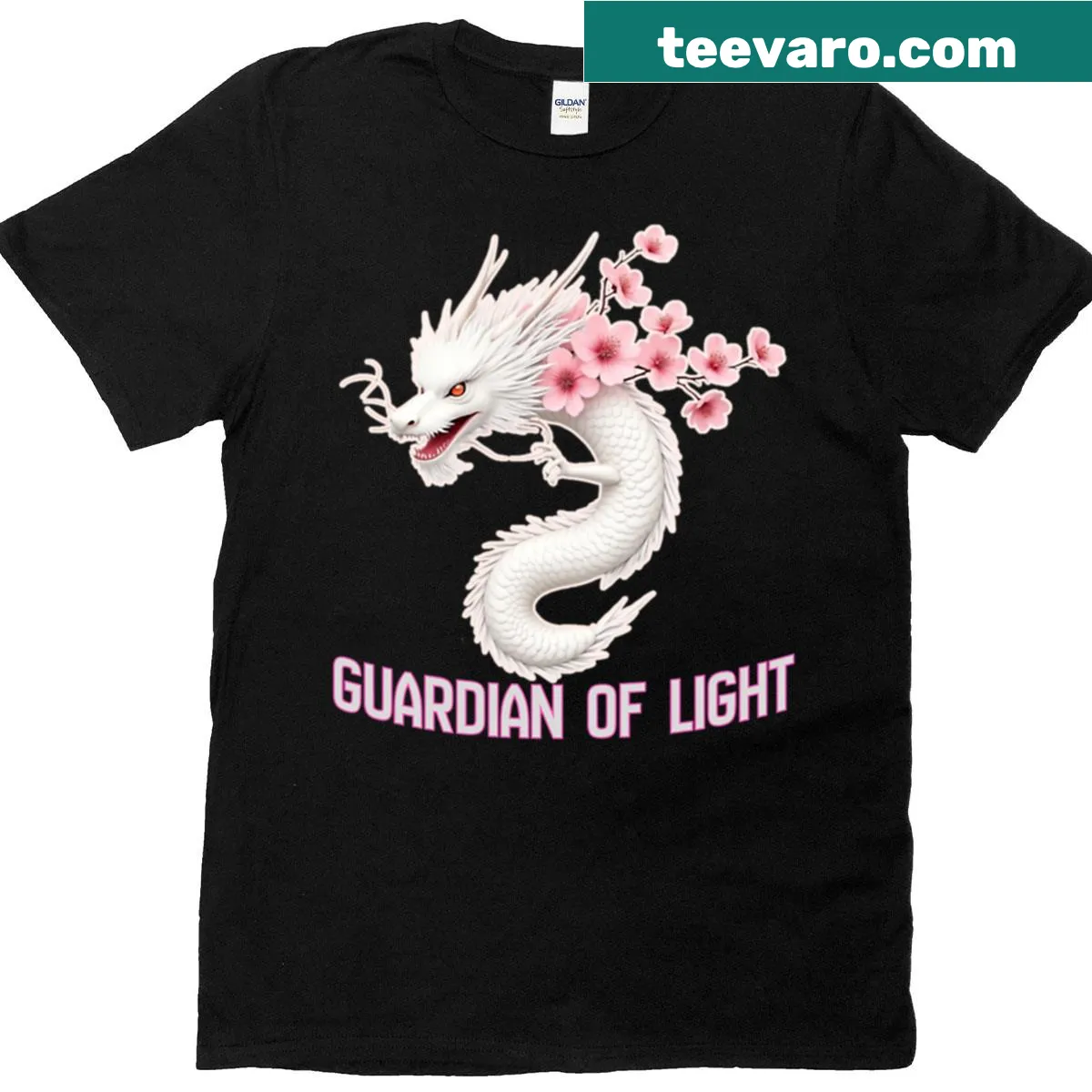 Illustration of a white dragon among cherry blossoms on a t-shirt — on a men's t-shirt