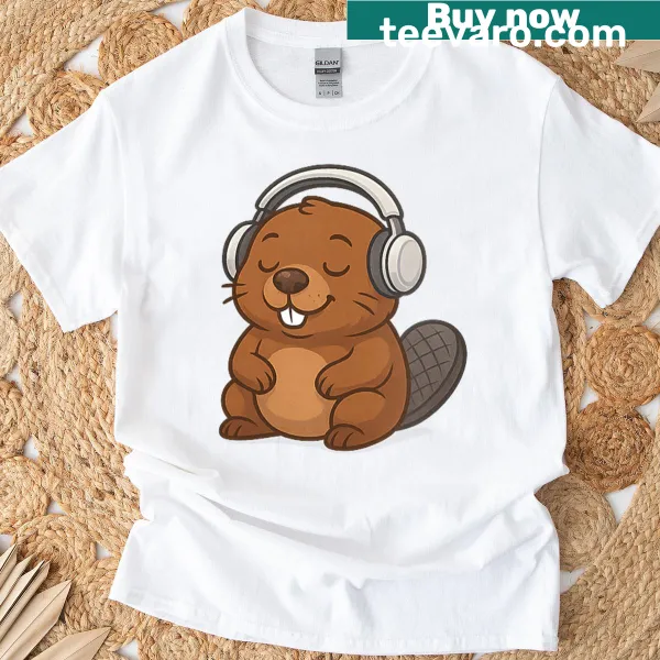Cute t-shirt featuring a beaver with headphones, perfect for animal lovers