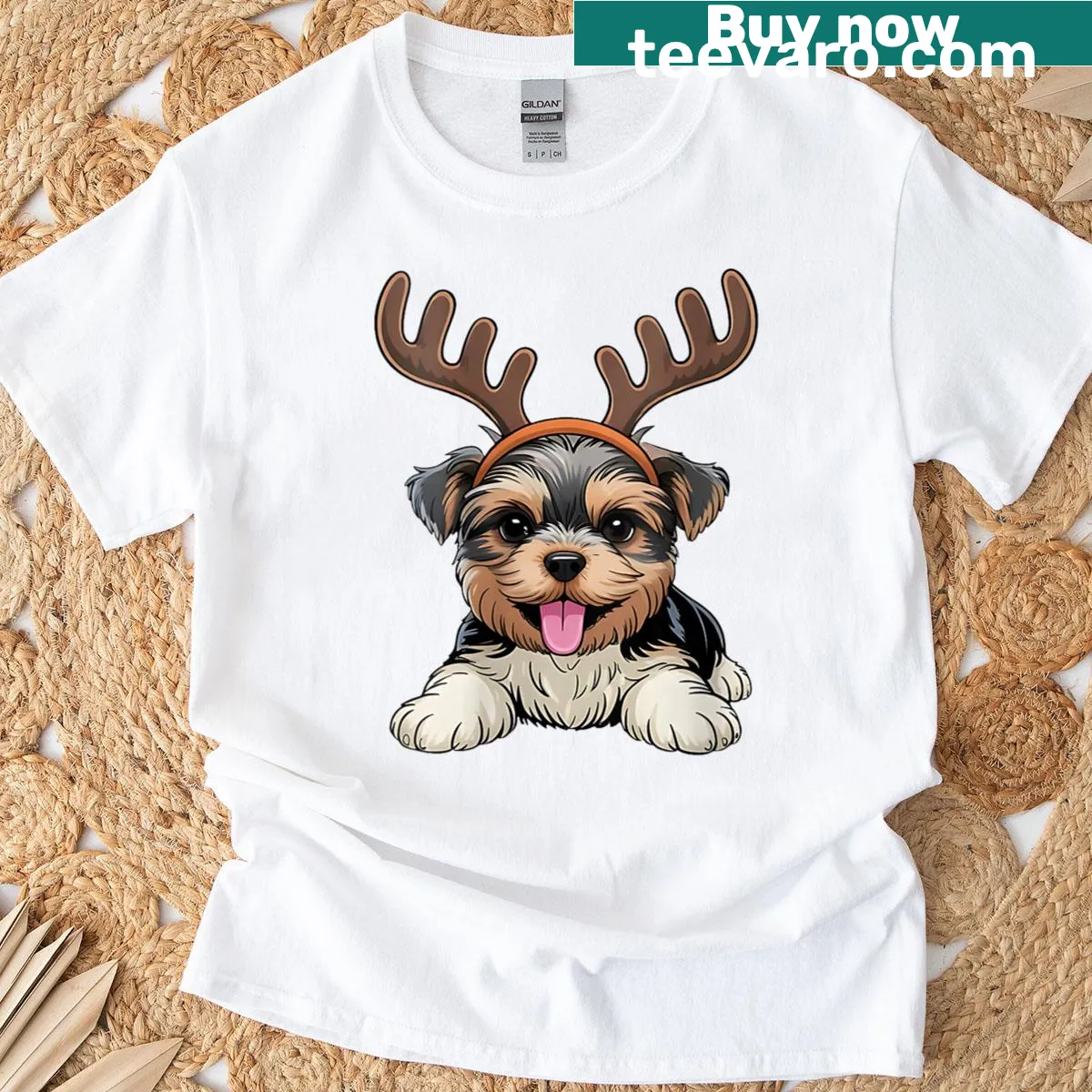 Funny Christmas t-shirt featuring a Yorkie dog as a reindeer — on a men's t-shirt