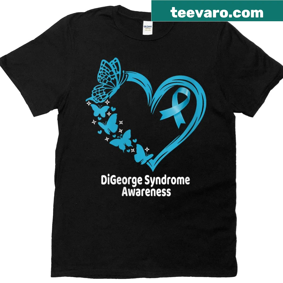 Awareness T-shirt with heart and butterfly design for DiGeorge Syndrome — on a men's t-shirt