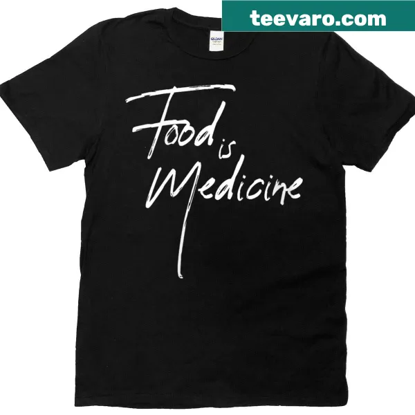 Inspirational t-shirt promoting food as medicine with garden imagery.